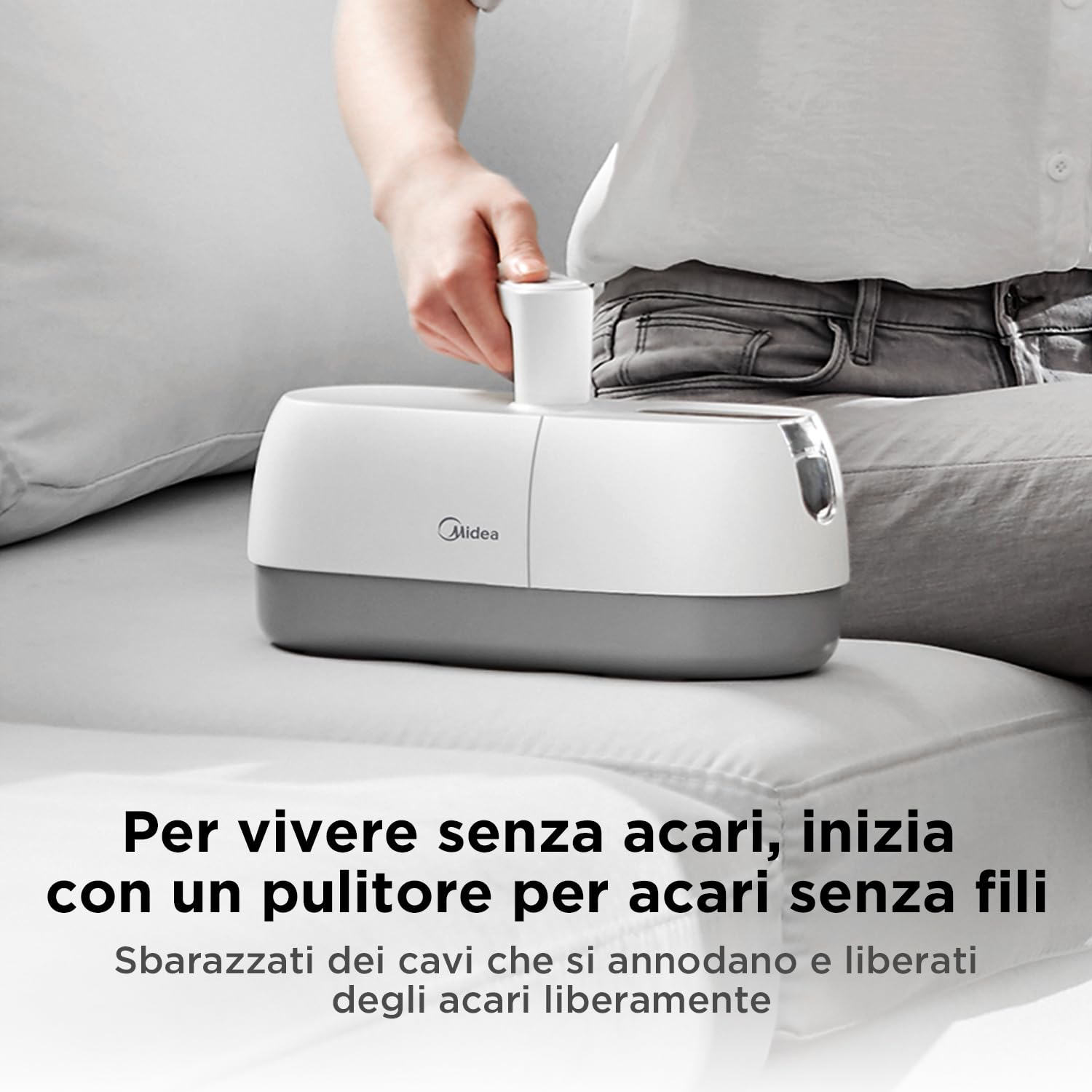 Midea MMC1921WG Aspirapolvere antiacaro senza fili, potenza di aspirazione 7500Pa, Rimozione acari UV, Maniglia girevole,Portable rechargeable case,Elimina facilmente i maits