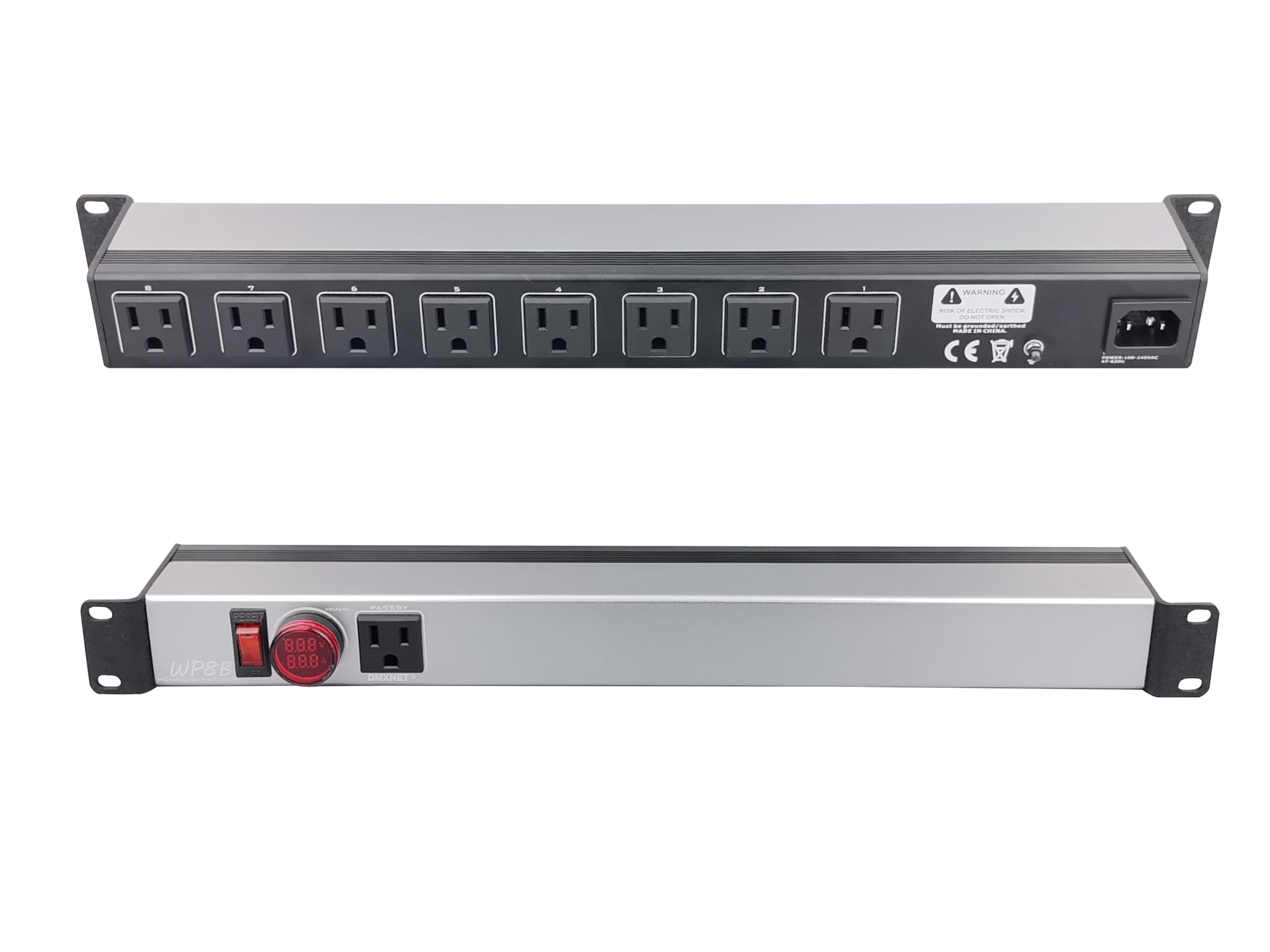 Ciabatta a 8 porte, PDU di montaggio rack 1U, con protezione da sovraccarico, interruttori LED, alloggiamento in alluminio metallico, 9 prese NEMA 5-15R, binario di raccolta in rame