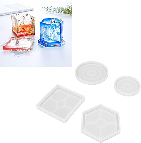 Moldes de posavasos para fundición de resina, 4 moldes de silicona para posavasos de bricolaje, moldes de resina cuadrados, redondos, manualidades,