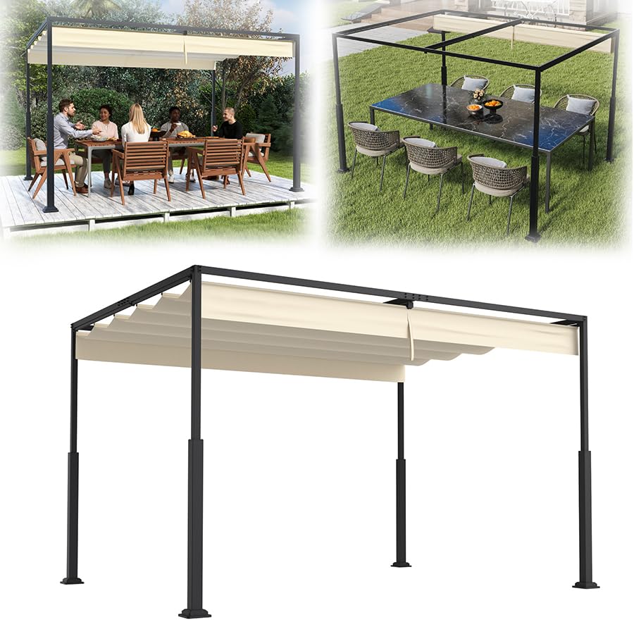 VA-Cerulean Metall Pergola mit Schiebedach, 3x3 m Pavillon Stabil Terrassenüberdachung Sonnenschutz überdachung Freistehend Gartenpavillon mit Robusten Metallsäulen für Gärten Schwarz