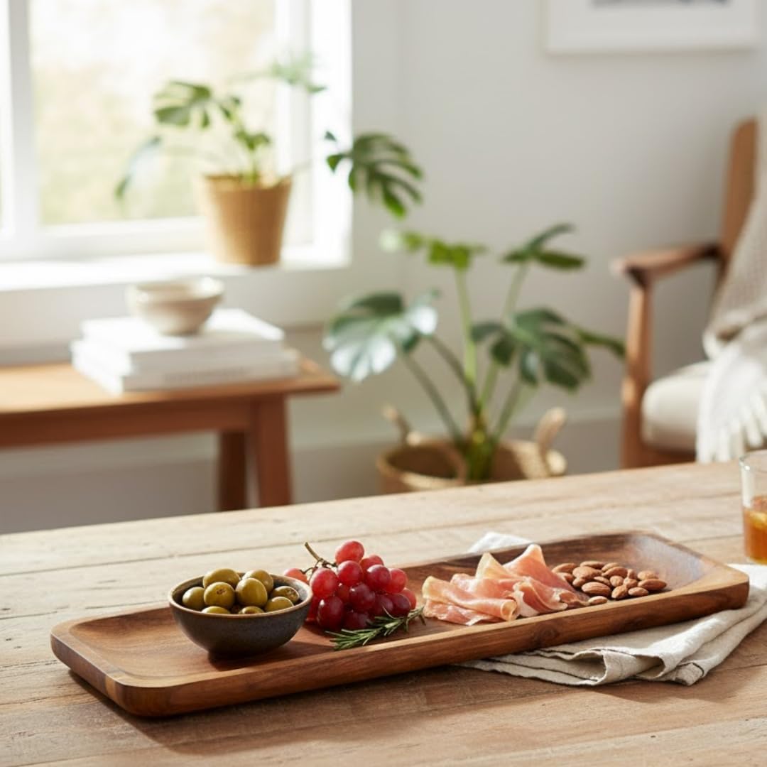 Shah Handicrafts | Handcrafted Acacia Wood Serving Platter Board 17 x 5 Inch | Food Safe Wooden Tray with Grooved Lip | Multipurpose Serving Board for Snacks Cheese Bread Sushi Home Kitchen Decor