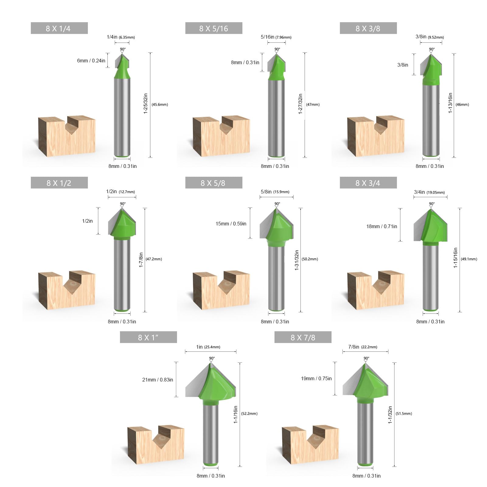 8-mm-Schaft-V-Nut-Fräser, 8-Griff-V-förmiger Fräser, Integrierter Brett-Klappfräser, Schnitz- und Holzbearbeitungsfräser