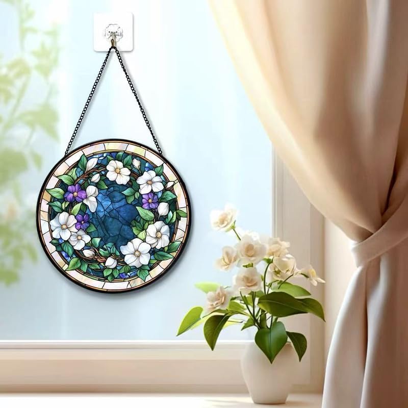 Stained Glass Floral Wreath Suncatcher Window Hanging, Elegant Flower Circle Sun Catcher, Home Window Decor Gift