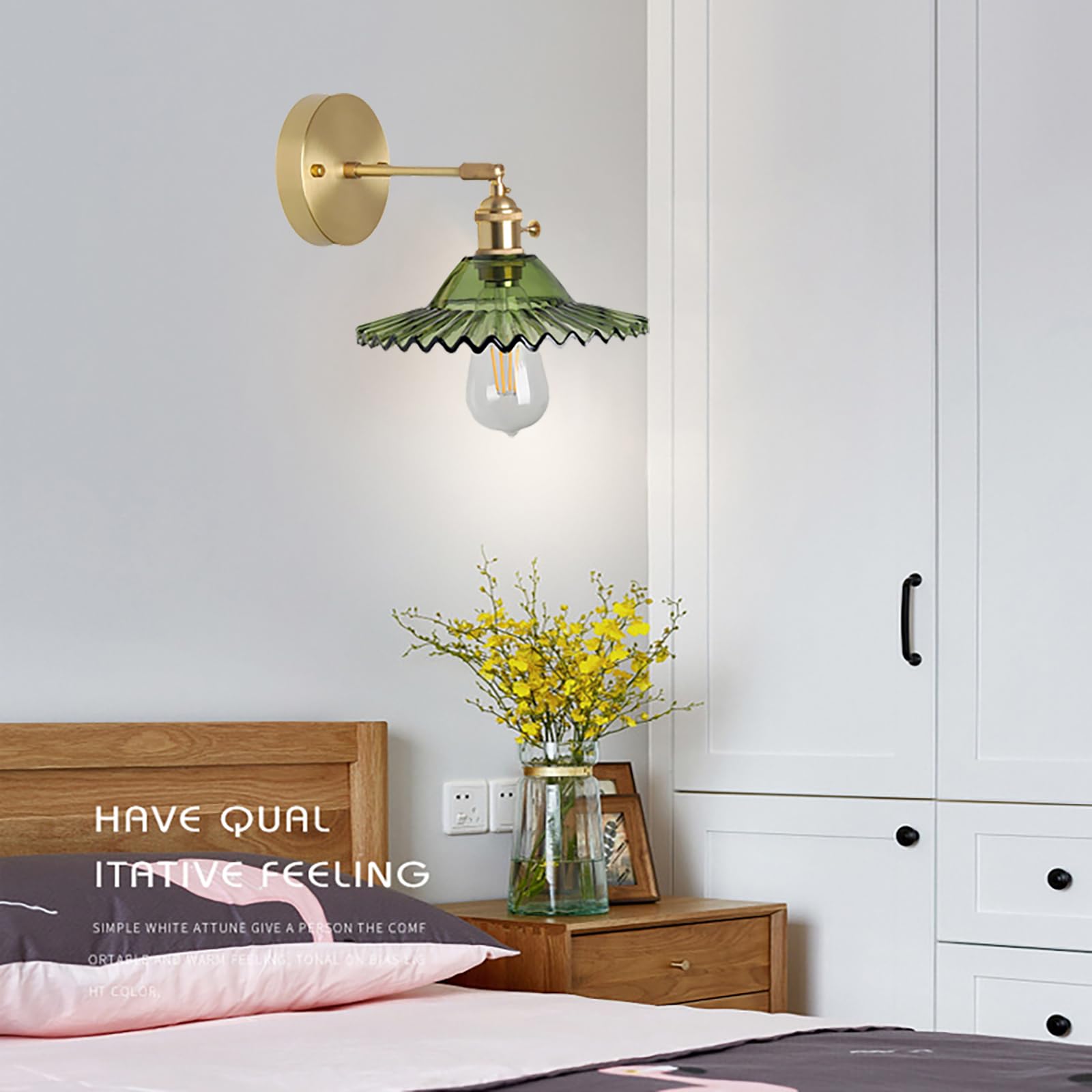 2 Pack Lámparas de Pared con Pantalla de Cristal, Iluminación de Pared Moderna E27, Lámparas de Pared de Cristal Verde, Lámparas de Pared Ajustables para Dormitorio Baño Salón