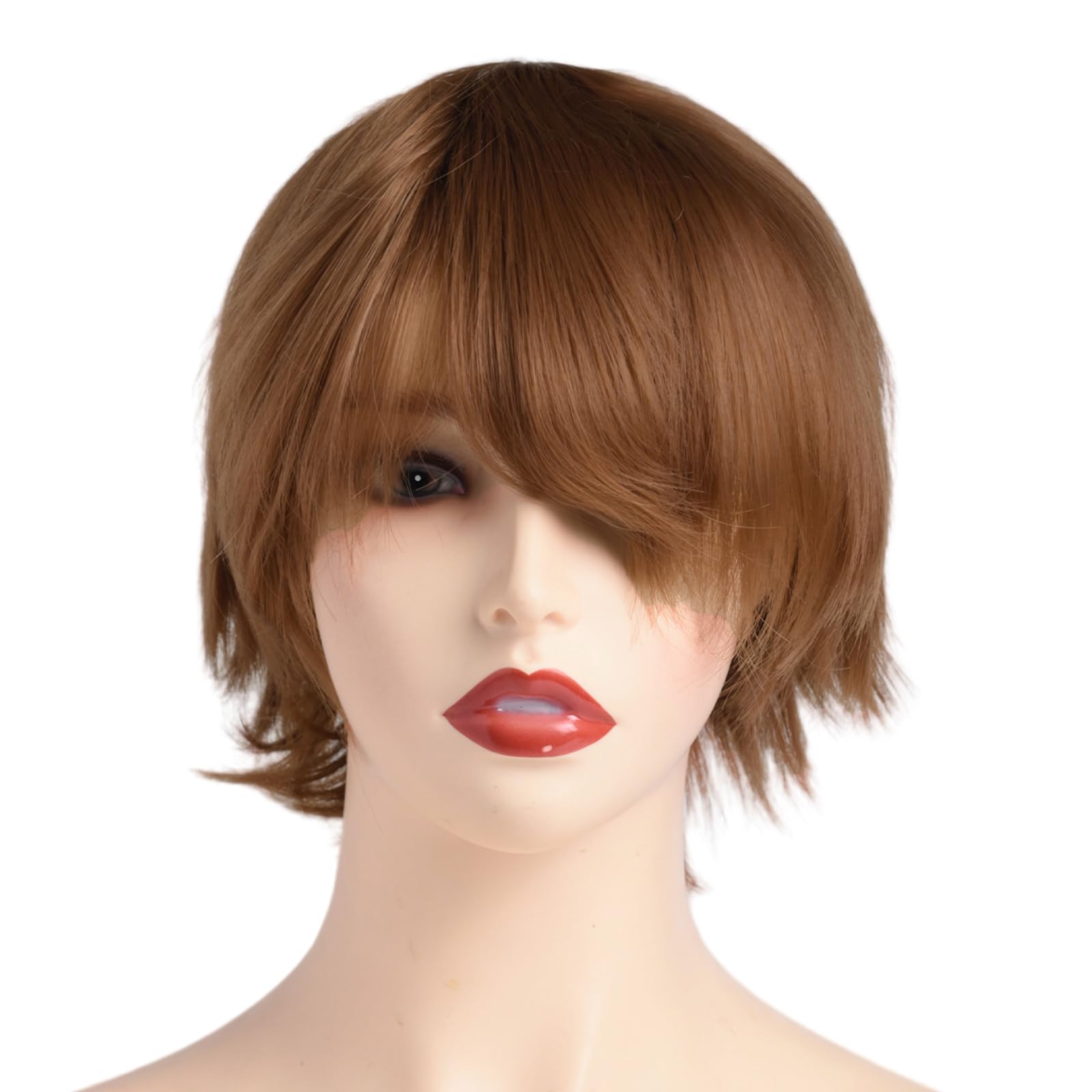 BUYOGET Cosplay Wigs Short Brown Natural Layered Straight 8 Inches Universal Costume Wigs for Men Women Halloween