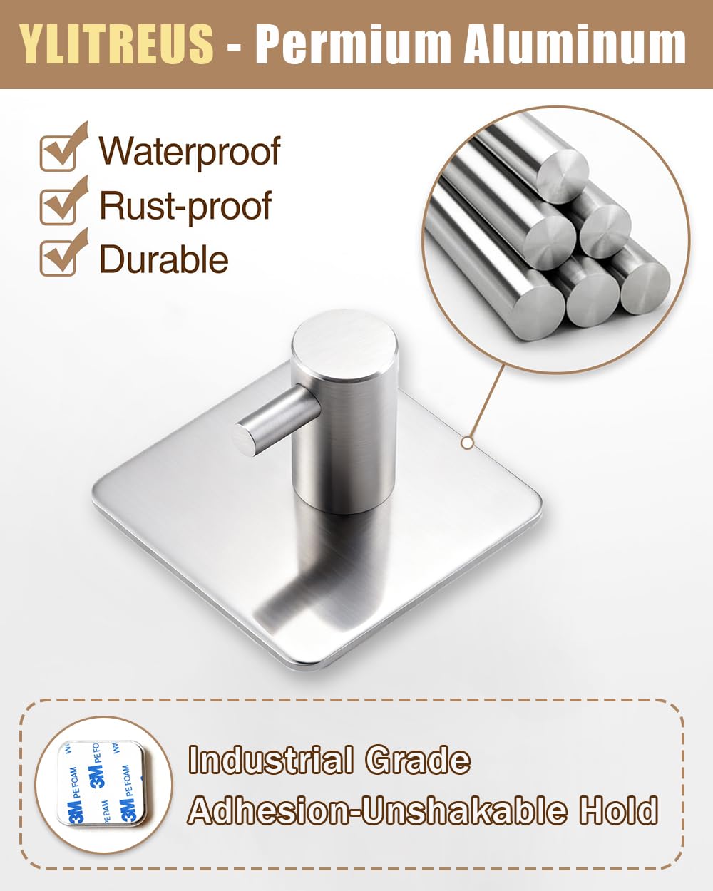 YLITREUS Ganci Adesivi da Parete 6 Pezzi Argento - Gancio per Asciugamani da Bagno e da Cucina in Acciaio Inossidabile, Gancio Autoadesivi Impermeabili Senza Foratura, Ganci Salvaspazio