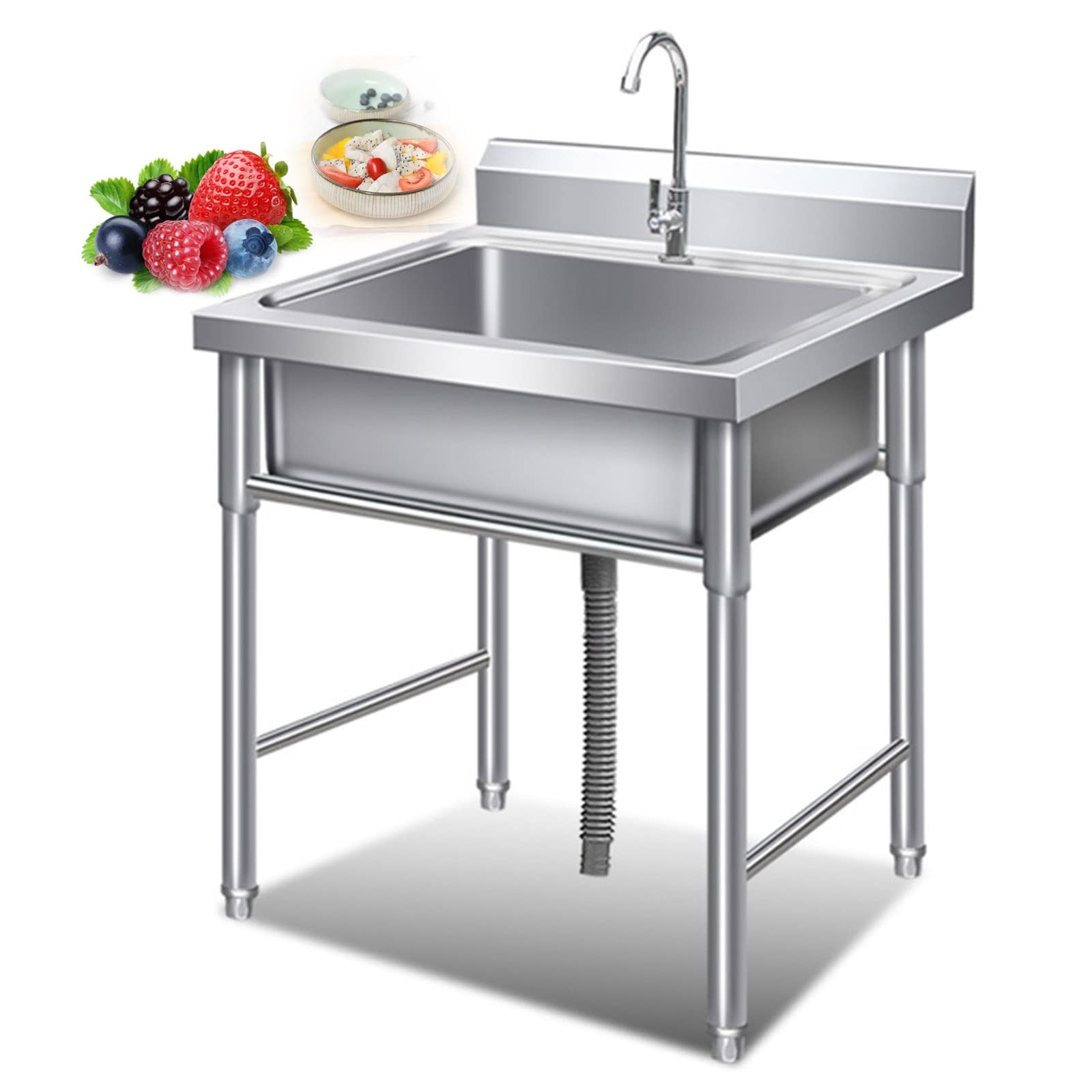WIQUYBML Upgraded Catering Outdoor Sink,Freestanding Sink 304 Stainless Steel Commercial Single Bowl Unit Free Standing Utility Sink,for Laundry,Garage,Indoor