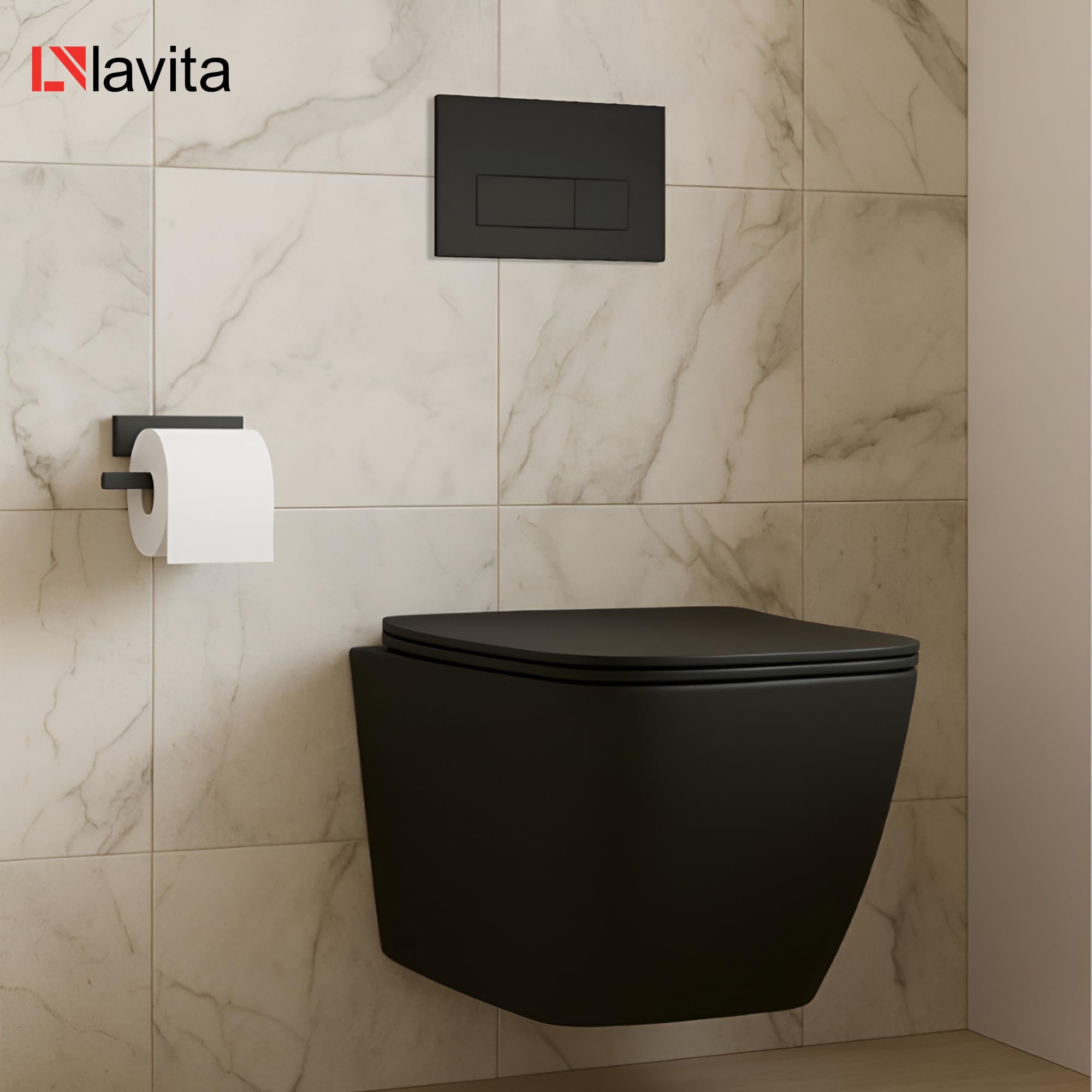 lavita WC Mural Suspendu avec abattant WC avec système d'abaissement Automatique et charnières métalliques, Cuvette Suspendue sans Bord, Noir Lago 340 x 485 x 370 mm, Noir