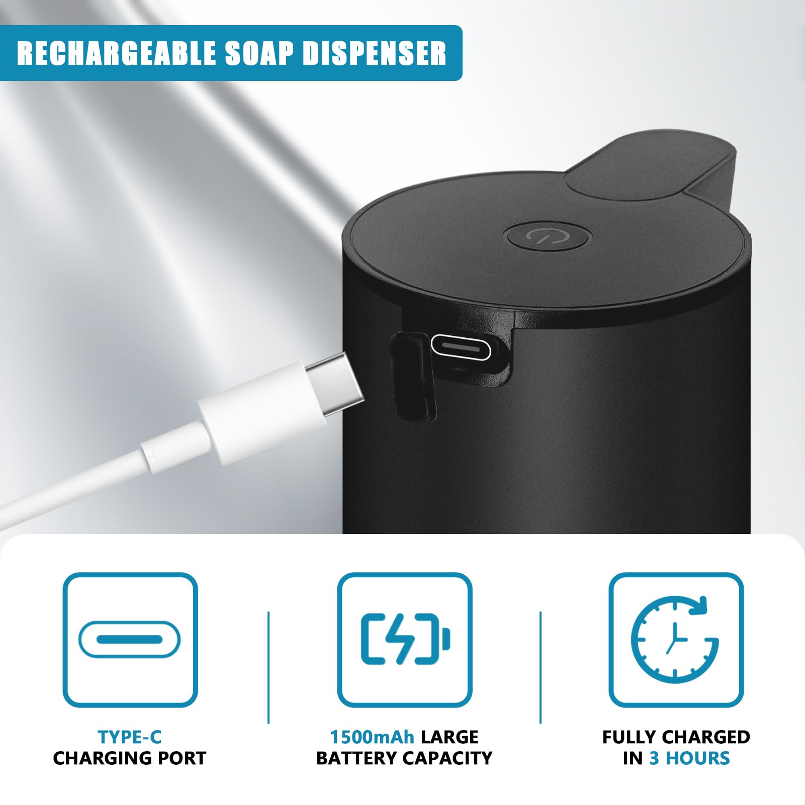 Dispensador Jabon Baño Automático de Acero Inoxidable con Sensor Dispensador de Jabón Infrarrojo Eléctrico IPX5 Resistente al Agua USB-C Carga (Negro - Espuma)