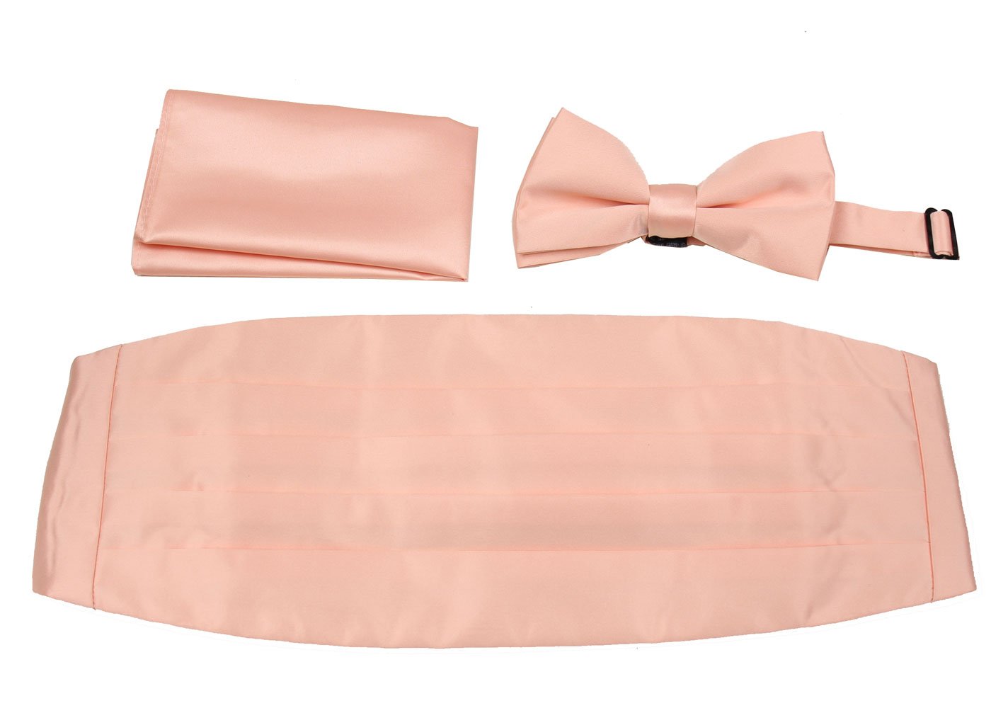 Buyyourties Men's Peach Formal Woven Satin Cummerbund Pre-Tied Bowtie Hanky Set - Many Solid Colors Available, One Size