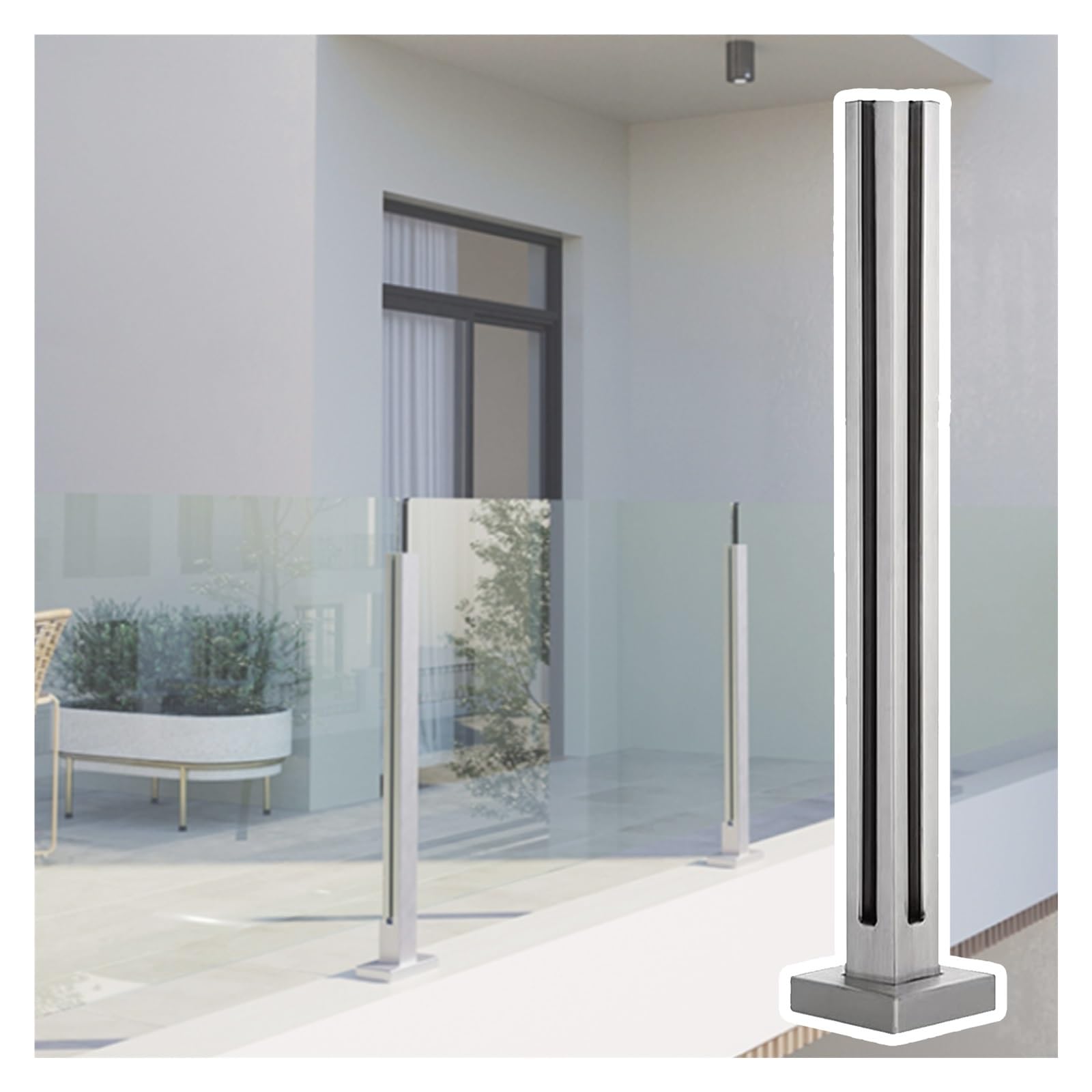 Poteau de rampe d'escalier en acier inoxydable 304 - 1 balustre argenté pour une hauteur de verre de 10 à 12 mm - 60 à 140 cm - Idéal pour les installations au milieu/coin/extrémité