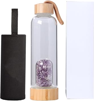 Crystal Water Bottle Clear Glass Water Bottle With Bamboo Lid Amethyst Crystal Infuser Compartment Reusable Clear With Sleeve & Box