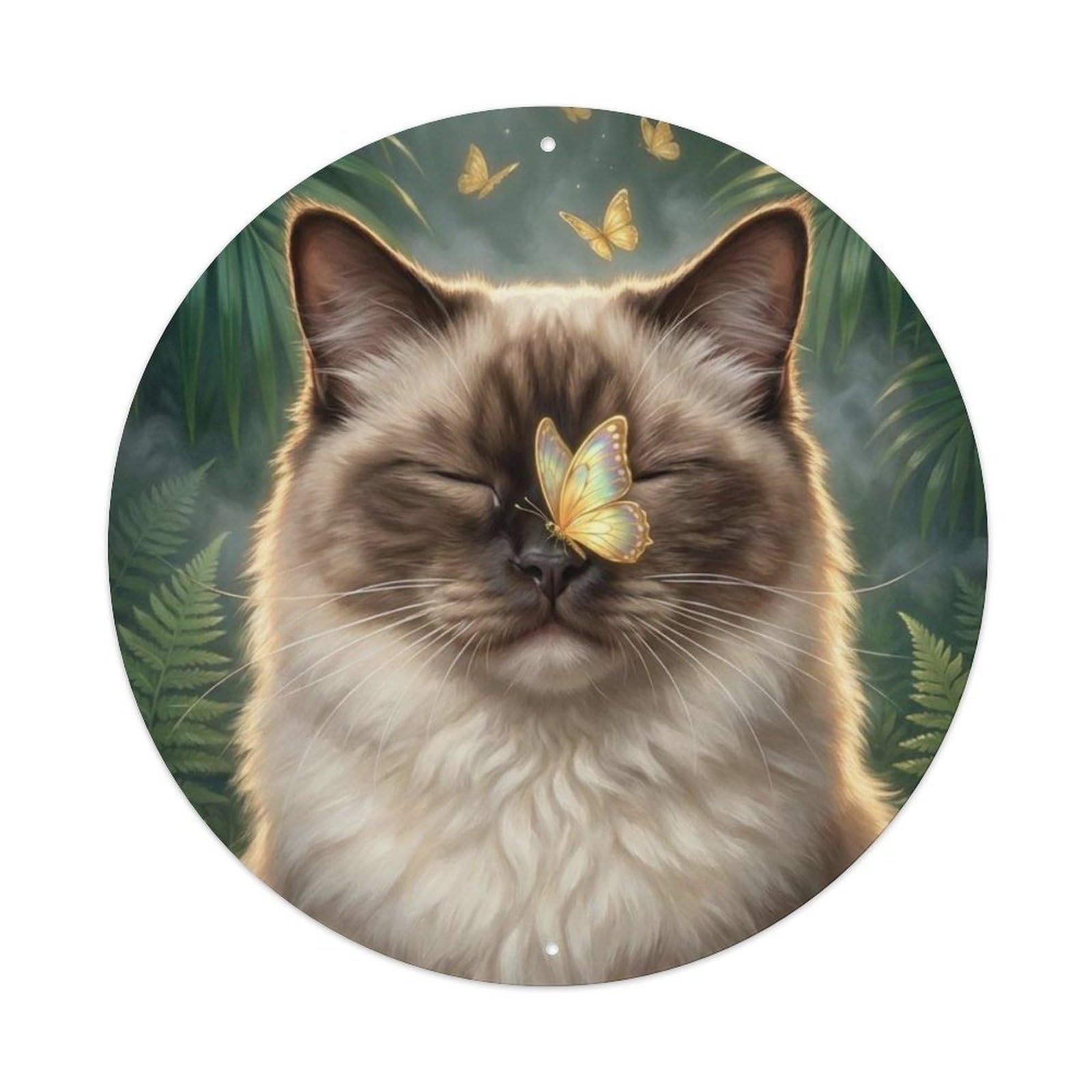 Ragdoll Cat Kawaii Pet Golden Butterfly Pastel Woodland Metal Tin Sign Plaque Wall Decor for Cafe, Man Cave, Club Bar, Office, Home Garden Round Metal Poster 8x8Inch