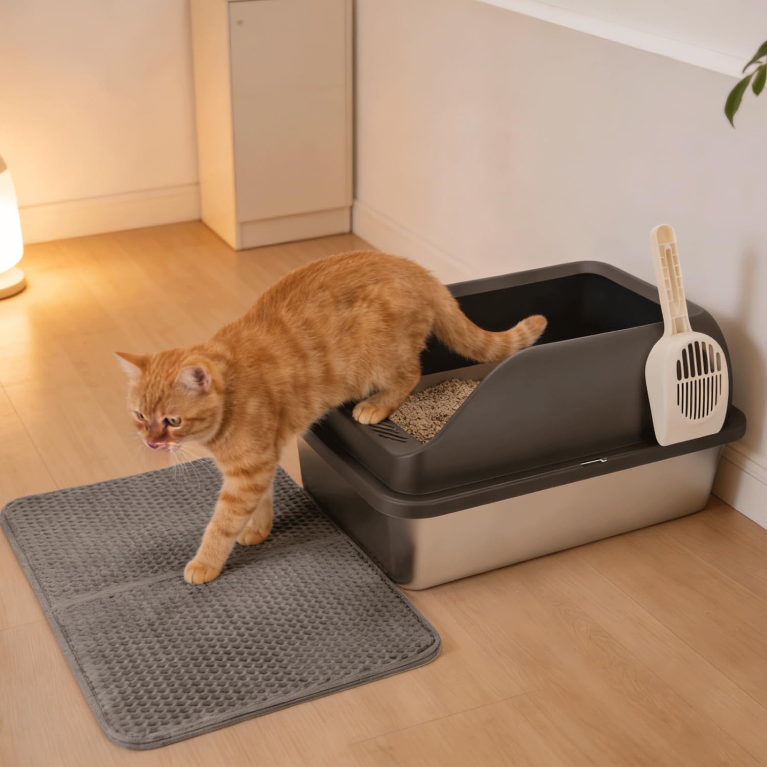 Nobleza 2 x Arenero de Acero Inoxidable para Gatos con Pared Alta， Diseño Anti-Salpicaduras， Kit Completo con Alfombra de Nido de Abeja y Pala， 61 * 40.5 * 31cm， Plata/Gris
