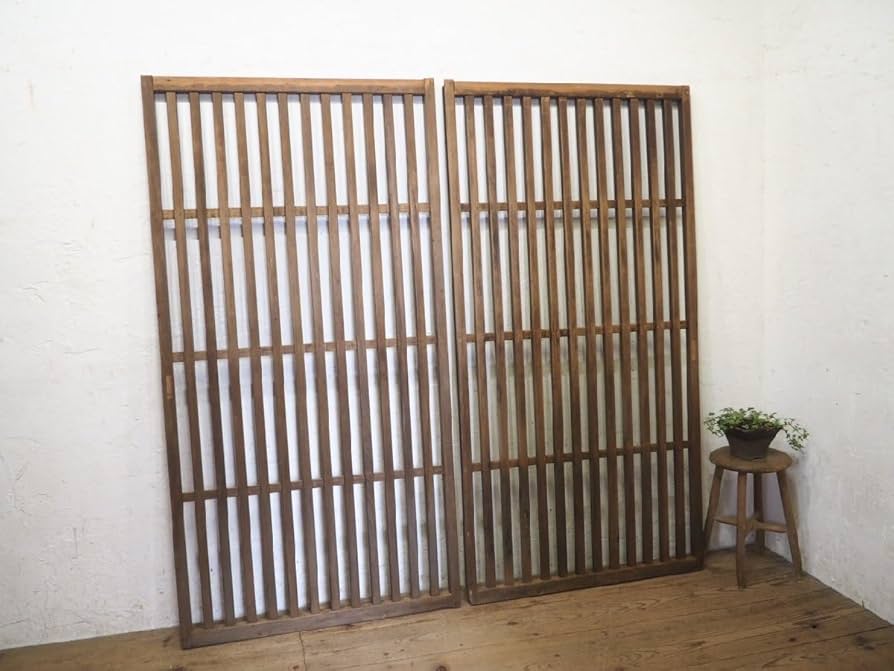 ヴィンテージモールガラス　木枠　フレームビッグサイズ　NO1 NO2 2枚セット ユW0749【H92cm×W42,5cm】×2枚◇格子デザインのレトロな古い木枠