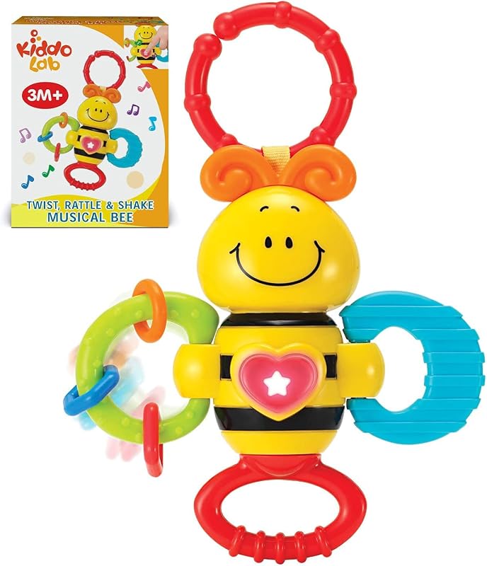 Juguete musical giratorio y sonajero con luz de abeja y anillo de dentición para niños pequeños, juguete para masticar sensorial y habilidades motoras finas para recién nacidos, sonajero y juguetes para la dentición para bebés de más de 3 meses