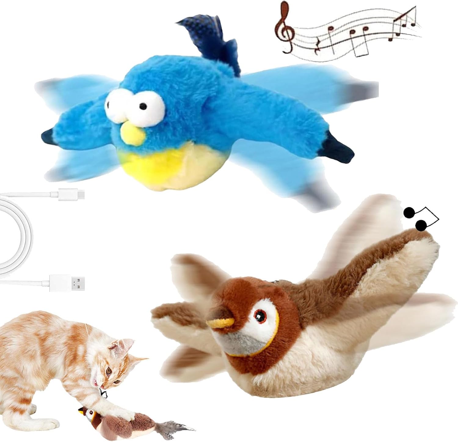 Flying Bird Cat Toy, Flapping Bird Cat Toy with Flapping Wings, Simulation Electric Sparrow Shaking Flying Bird Cat Toys for Indoor Cats, Exercise & Hunting Play (Sparrow+Bluebird)