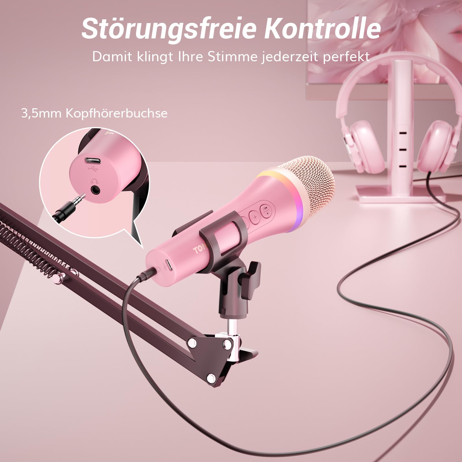 TONOR Dynamisches USB/Typ-C Mikrofon für PC, RGB Podcast Computer Gaming Mikro mit Arm Ständer für Aufnahme, Live, Streaming, YouTube, Gesang, Studio, Karaoke Microfon Quick Mute-Taste Rosa