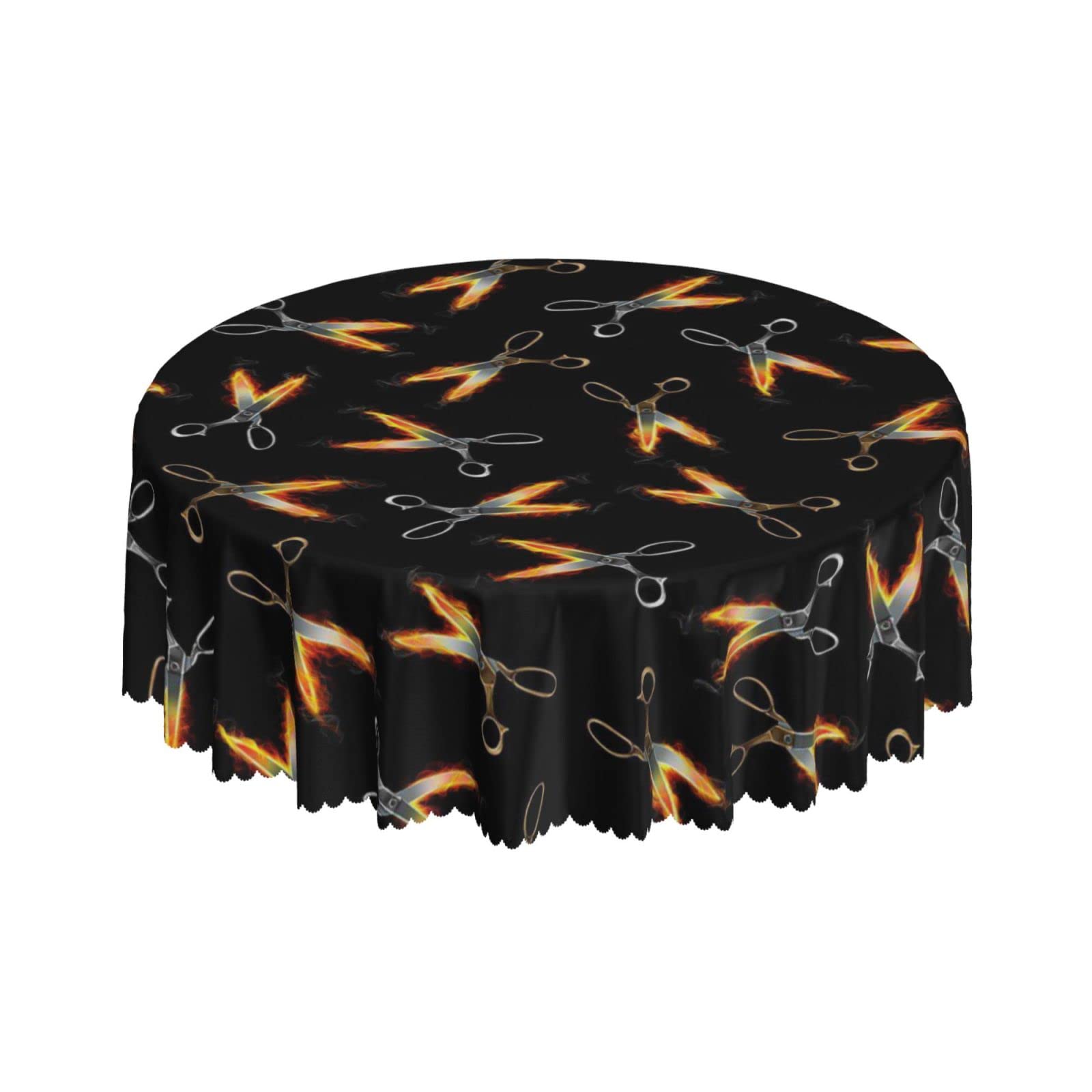 Lsjuee Fire Scissors Black Round Tablecloth 60 Inch Printed Washable Tablecloth for Dining Party Holiday Fall Home Decorative
