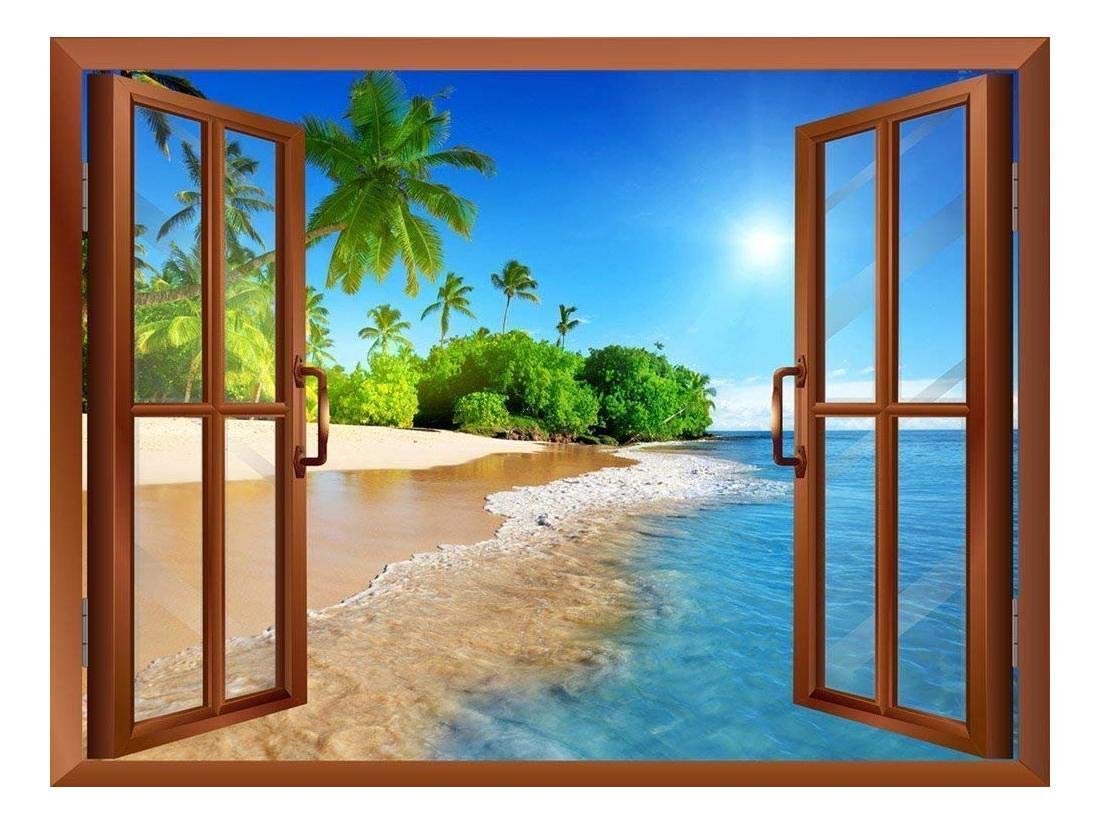 Amazon.co.jp: wall26 美しい風景 ビーチのヤシの木 窓の内側からの