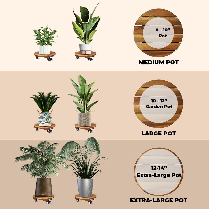 Miniatura 5 de -2 unidades-Organizador de madera de 12 pulgadas con ruedas, soporte de planta rodante resistente, rodillo de plataforma para plantas, ruedas