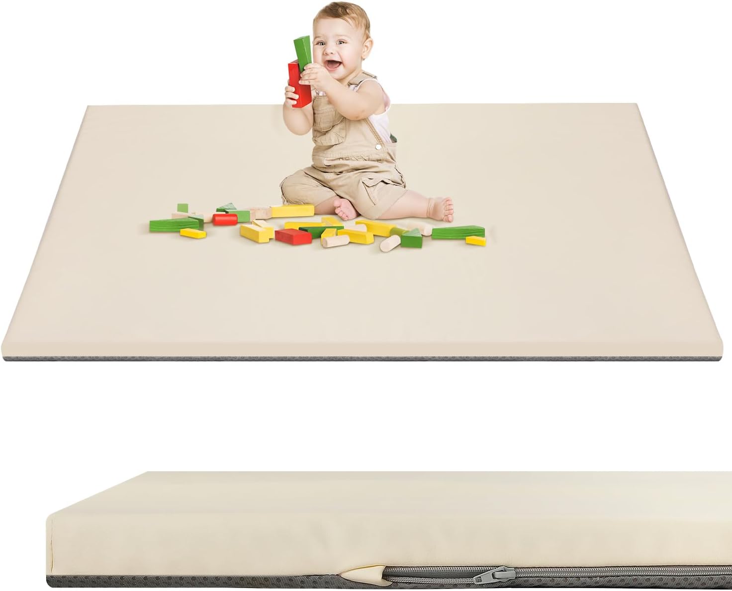 Baby Play Mat 50" X 50",Premium Foam Crawling Mat, Thick & Super Soft Vegan Leather Floor Mat,Non-Slip Cushioned Baby Playmat for Infants, Babies, Toddlers,Mat for Living Room(Cream)