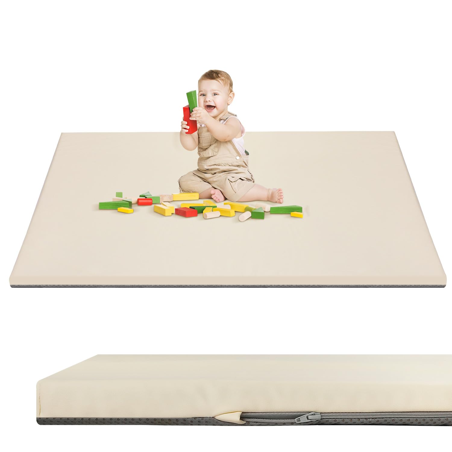 Baby Play Mat 50" X 50",Premium Foam Crawling Mat, Thick & Super Soft Vegan Leather Floor Mat,Non-Slip Cushioned Baby Playmat for Infants, Babies, Toddlers,Mat for Living Room(Cream)