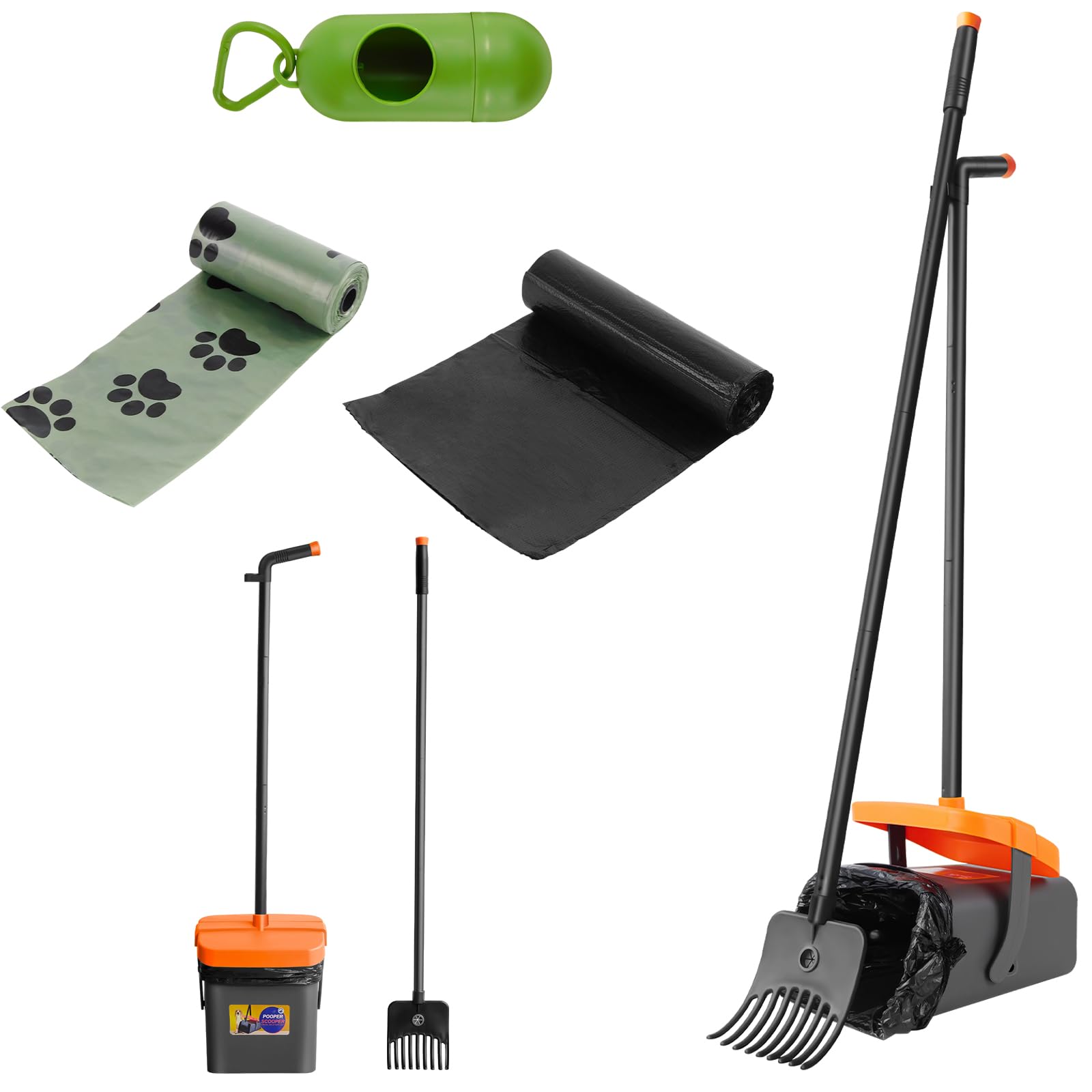 JAOSY Dog Pooper Scooper for Grass Patio Garden, Adjustable Dog Poop Scooper Set, Pooper Scooper Pet Poop Scoop Tray Rake w/116cm Handle Garden Cleaning Set, Dog Pooper Scooper Swivel Bin & Rake Kit