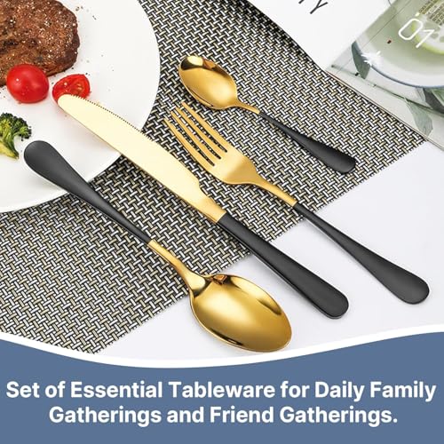 Image of 24 Pieces Flatware Set, Stainless Steel Cutlery Set with Silverware Holder, Modern Gold Silverware Set Includes Dinner Knives Forks Spoons,Hanging Silverware (Black)