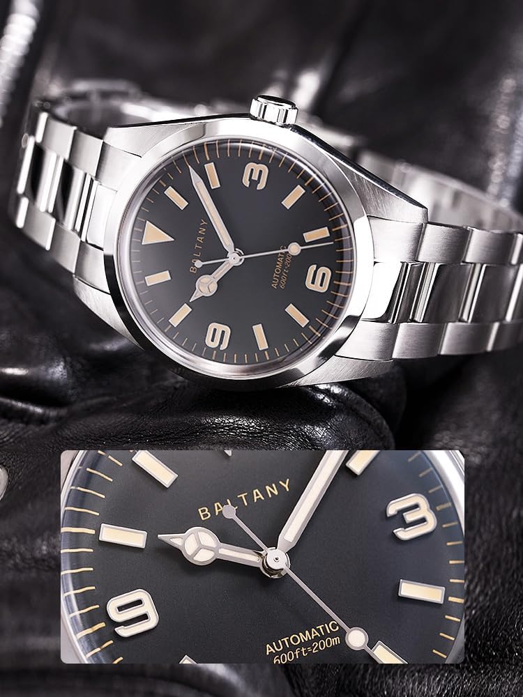 Baltany 39MM Vintage Explorer Homage Men Watches Stainless Steel Bracelet PT5000 Automatic Dress Watch
