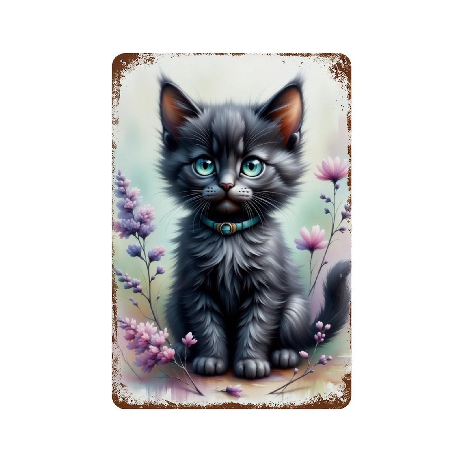 Garage Style Adorable Kitten with Flowers Distressed Metal Wall Sign 11.8"x7.9", Rustic Home Decor for Bar And Workshop