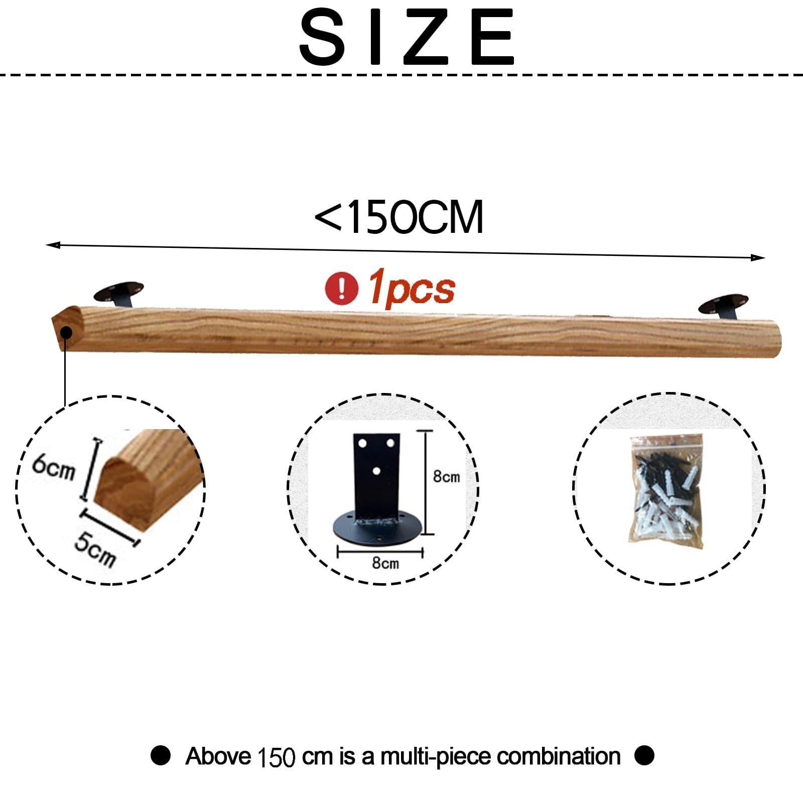 Corrimano Per Scale In Legno, Interna Ringhiere Per Scale, Antiscivolo Ringhiera Da Parete Legno Massello, Parete Asta Di Supporto Con Passamano Kit, Con 2 Staffa Per Anziani (bianco, 150cm