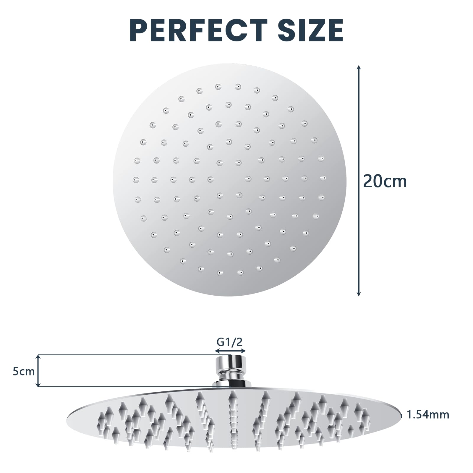 Gowkeey Soffione Doccia 8 Pollici, Doccia Fisso Rotondo, Soffione per Doccia in Inox 304, Testa Doccia Regolabile 360°, Può essere installato a parete o a soffitto 20CM