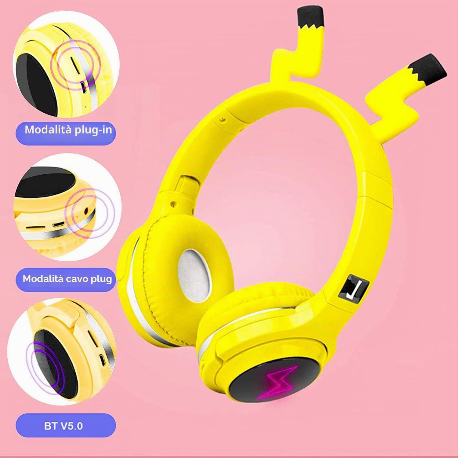 SVYHUOK Cuffie Wireless Bluetooth Bambini per Ragazzi Bambine, Giallo Cuffie con Microfono, Cuffie Over Ear Pieghevole con Luci a LED per cellulare/tablet/PC/laptop/IPad Compleanno Xmas Regali