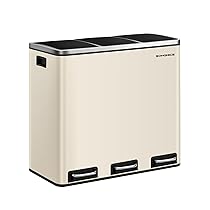SONGMICS Cestino da Cucina, Pattumiera per Raccolta Differenziata 3 x 18L, 3 Scomparti per Riciclaggio, Coperchi a Chiusura Morbida, Pedali, Acciaio, Beige Sabbia LTB054A02