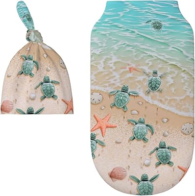 LOGMOR Beach Sea Turtle Baby Newborn Swaddle Blanket with Beanie Hat Set, 100% Cotton Receiving Blankets Sleep Sack for Boy & Girl Newborn Shower Gift
