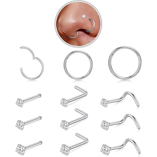 12PCS Silver Nose Rings and Nose Studs,20g Surgical Stainless Steel Nose Studs Bone/L Shaped/Nose Screws Set,Cubic Zirconia Size 1.5/2/3mm,18g Nose Rings Hoops Body Piercing Rings Helix Cartilage Rook Earrings Diameter 6/8/10mm (Silver)