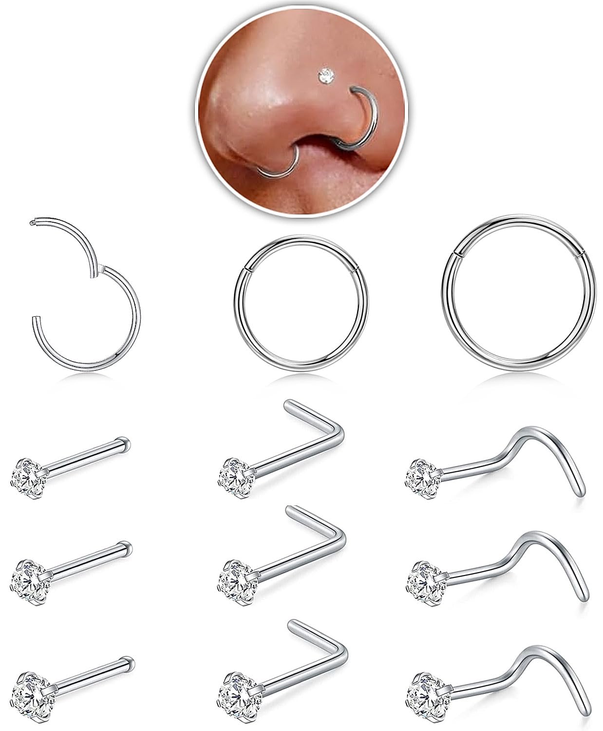 Nose Rings Hoop and Nose Studs Sets for Women Men,Hypoallergenic 316L Surgical Stainless Steel Hinged Clicker Segment Nose Rings Hoop Helix Cartilage Daith Tragus Sleeper Earrings Silver Gold Black L Shape/Corkscrew/Straight Nose Studs Real Body Piercing Jewelry