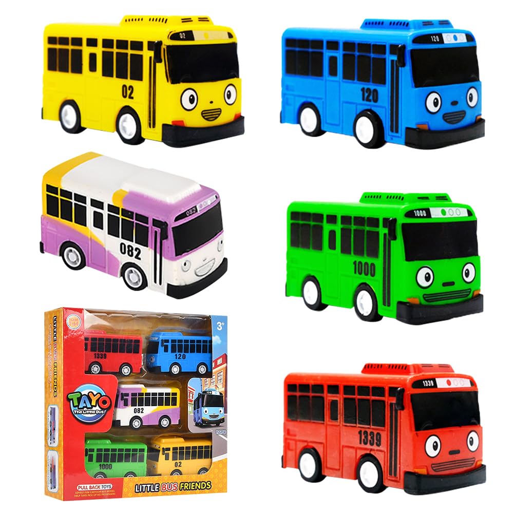 NyaSaa Toy School Bus with Box, 5PCS Die-cast Pull-Back Vehicles, 1:64 Scale Model Car, City Bus Kids Gifts