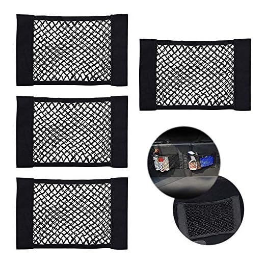 CUGBO 4 Pack Car Storage Net, Universal Black Mesh Trunk Cargo Side Back Seat Organizer, Nylon Stick-on Wall Sticker Pouch Bag Auto Accessories Fit for Fluff Surface (15 inchx 10 inch)