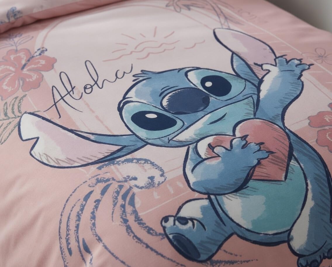 Stitch Rose Aloha Housse de Couette 140x200 + Taie 65x65 100% Coton Boutons | Parure de lit réversible 1 personne | Coton naturel Oeko-Tex | Disney | Fermeture boutons | Cadeau | Lavable en machine