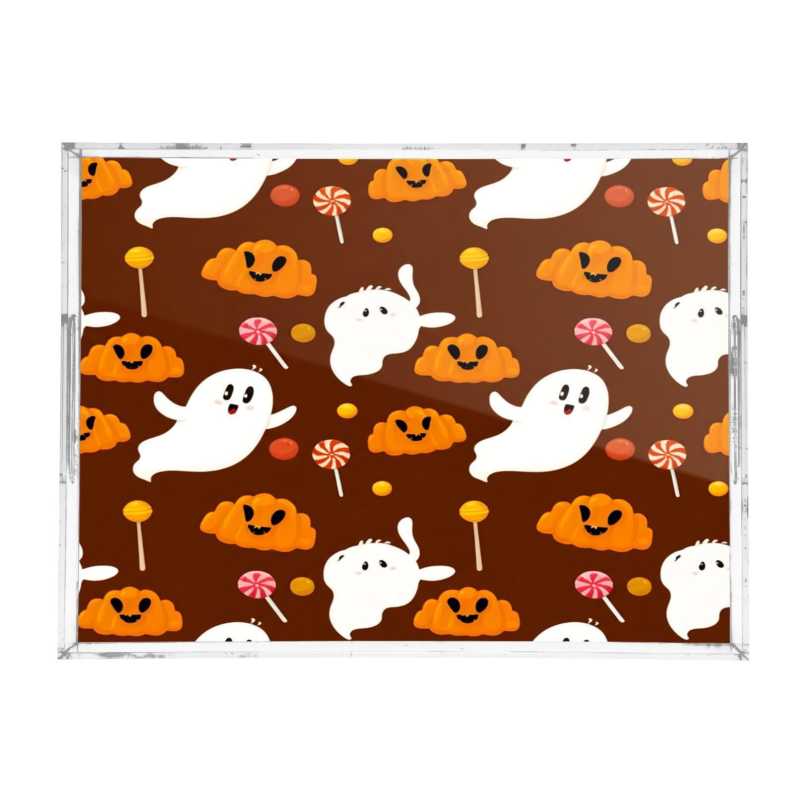 BOESI Cute Ghost and Croissant Acrylic Decorative Dining Tray, Acrylic Decorative Tray Organizer with Handle for Kitchen, Dining Room, Bathroom, Dresser