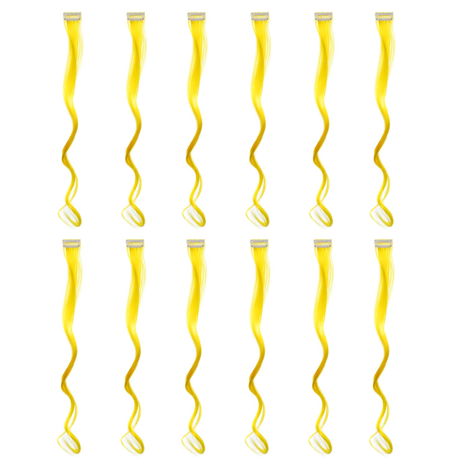 SWACC 12 Pcs Curly Wavy One Color Party Highlights Clip on in Hair Extensions For Women Colored Hair Streak Synthetic Hairpieces (Yellow)