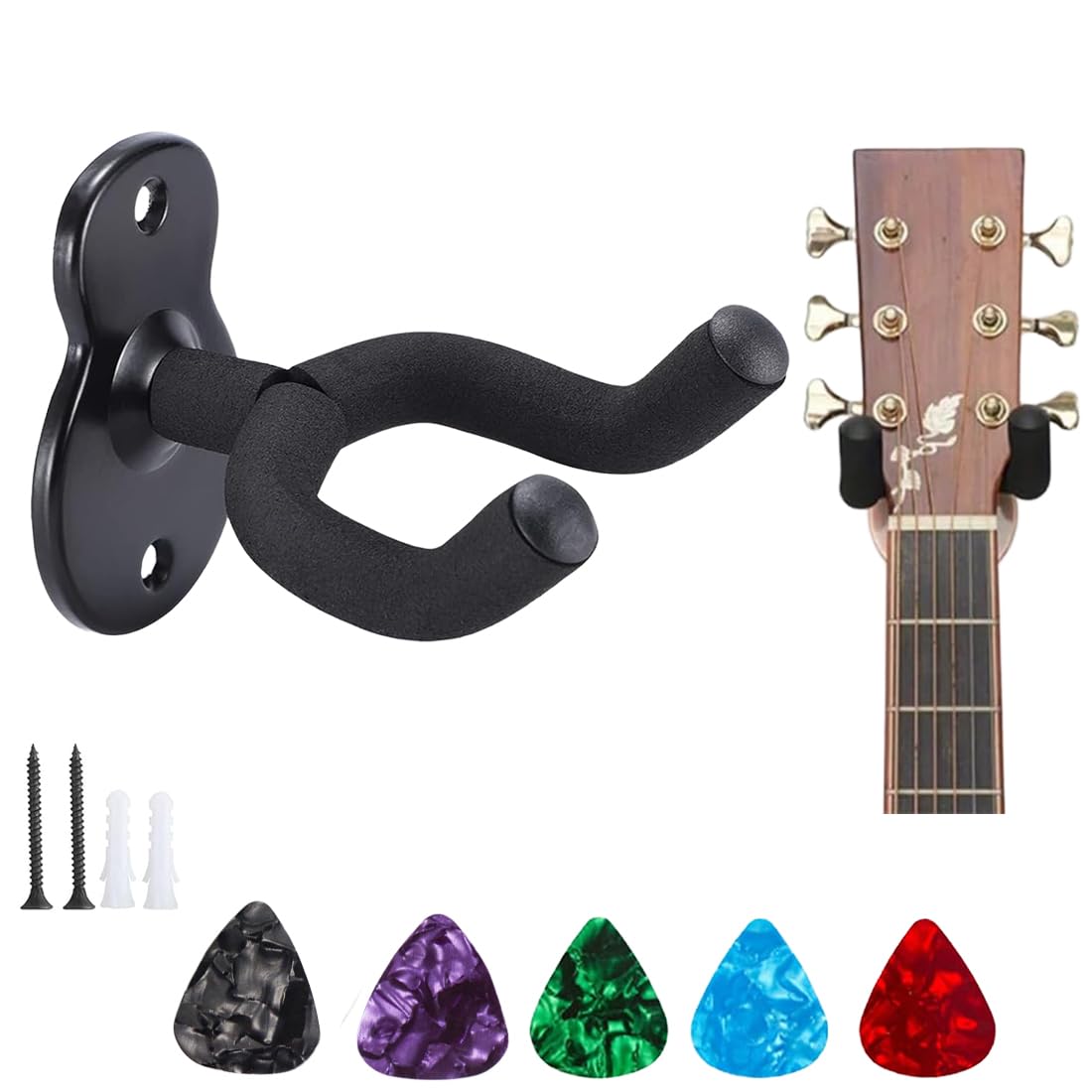 1 x uchwyt ścienny na gitarę + 5 kostek do gitary regulowana konstrukcja do różnych instrumentów, uchwyt na gitarę ścienną, uchwyt na gitarę