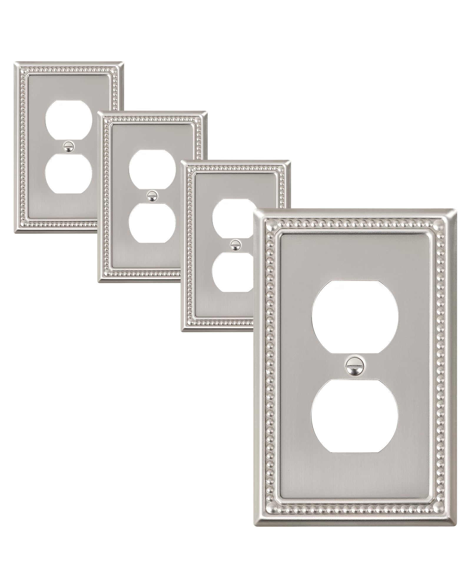 TREEWELL 4-Pack Duplex Outlet Cover Plate, Metal Wall Plates for Electrical Outlets, Brushed Nickel 1 Gang Receptacle Cover, Pearls Decorative Switch Plates and Outlet Covers