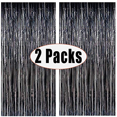 FECEDY 2pcs 3ft x 8.3ft Black Metallic Tinsel Foil Fringe Curtains Photo Booth