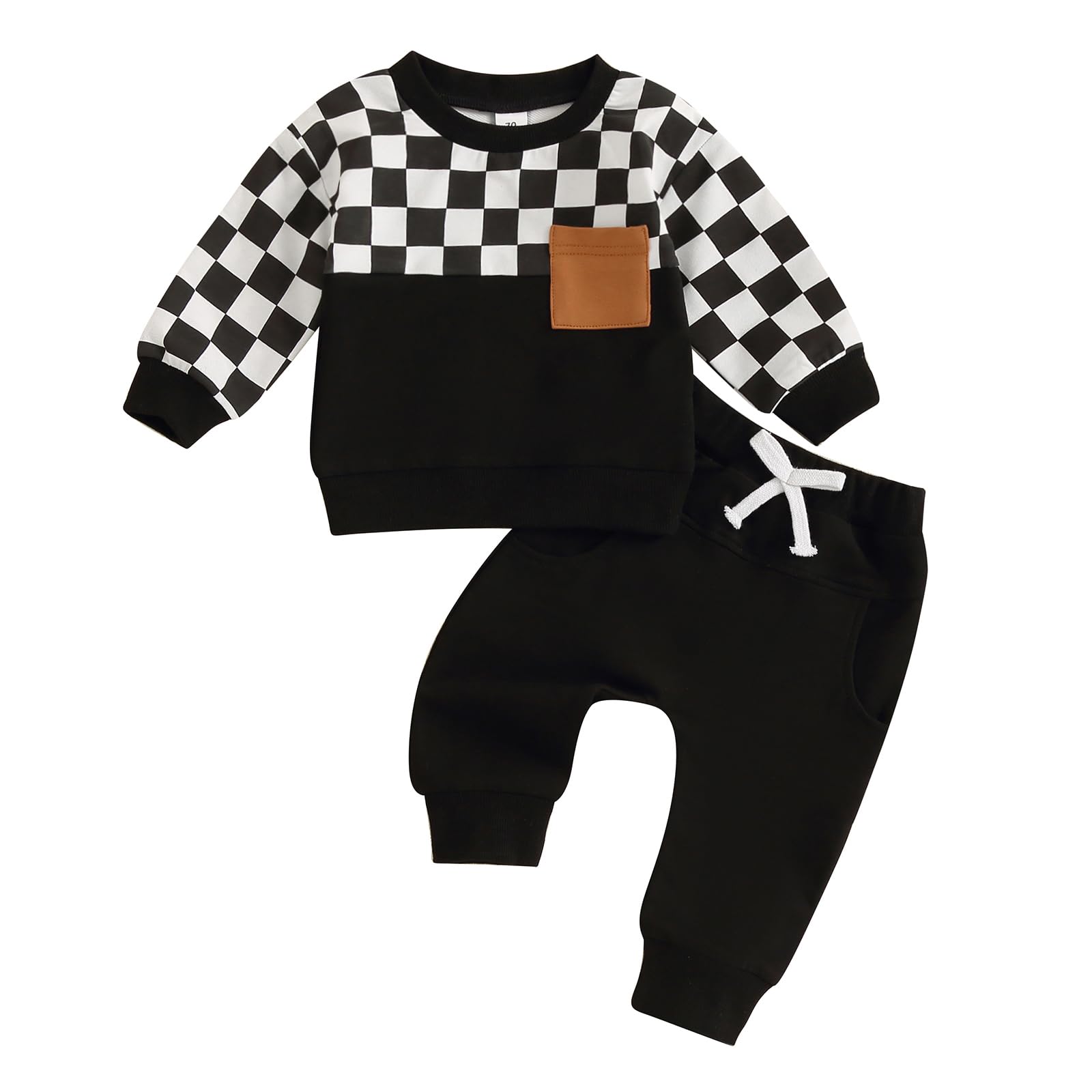Motlapol Toddler Baby Boy Fall Winter Clothes Long Sleeve Checkerboard Print Sweatshirt Jogger Sweatpants Set 2Pcs Sweatsuit (Black, 18-24 Months)