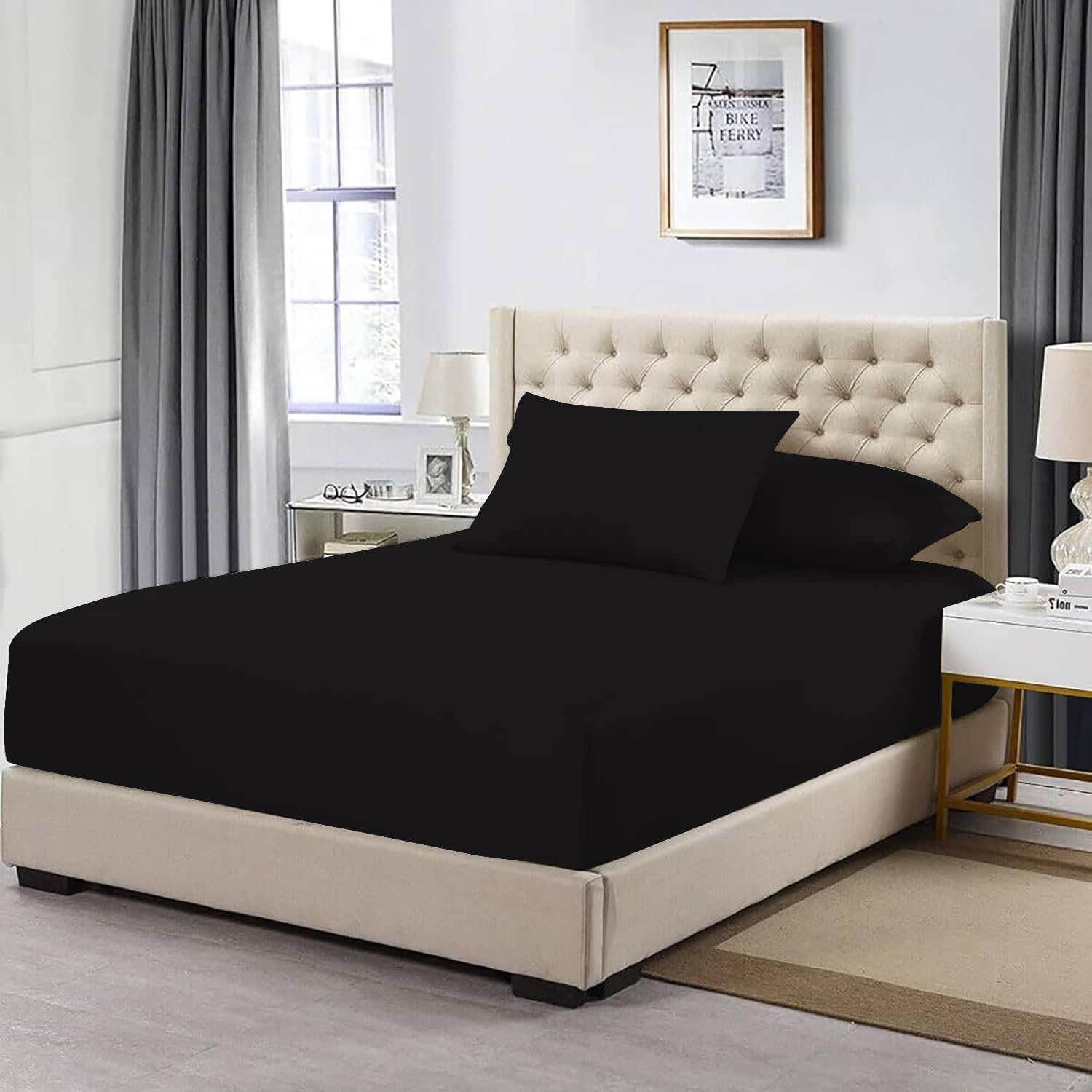 200 Thread Count 100% Egyptian Cotton Fitted Sheet – 30 CM Deep Pocket, Soft, Durable, Breathable Bed Sheet for Thick Mattresses (Black, Single)