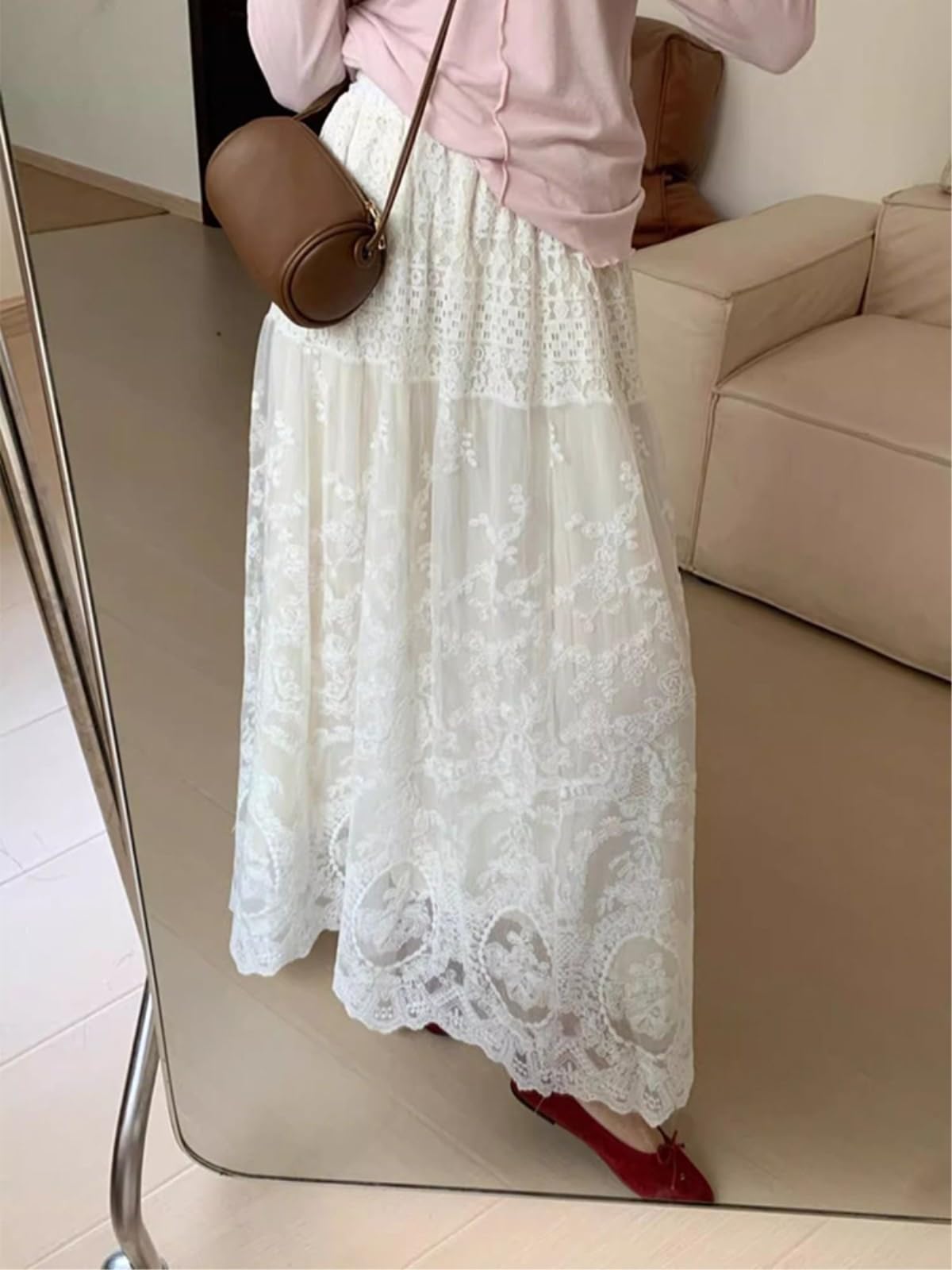 Gonne Donna Abito Maxi in Pizzo Bianco, Gonna Vita Alta A-Line, Abbigliamento Primavera Estate Stile Bohemian