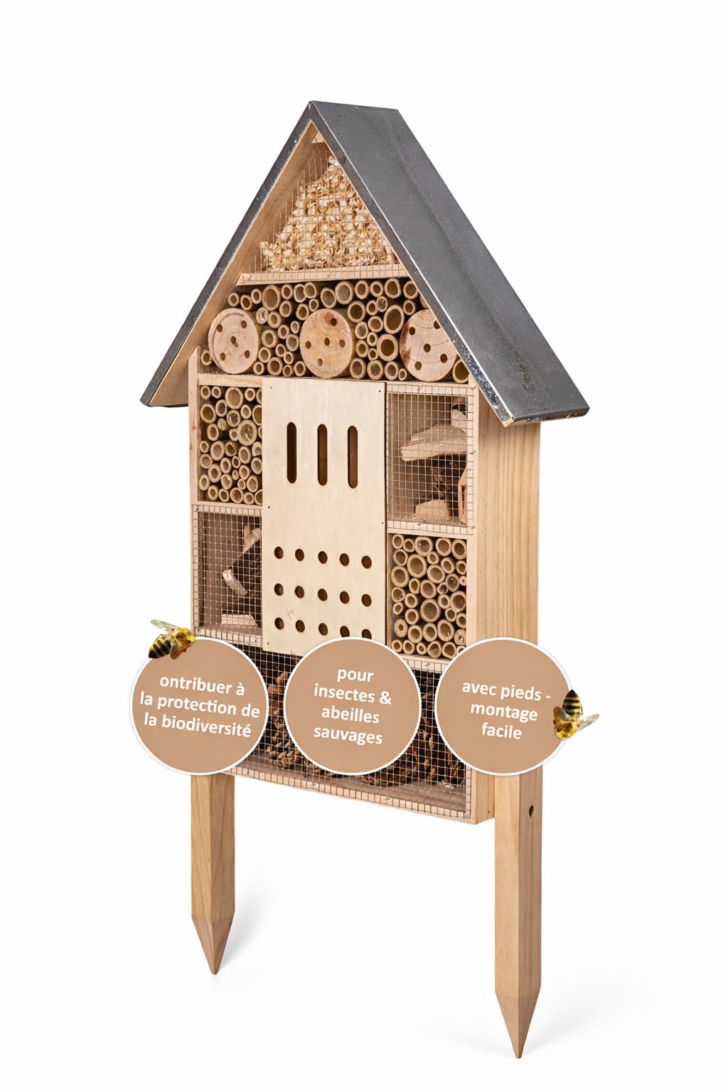 CULT at home Hôtel à Insectes XXL sur Pied – avec Piquet – Hauteur Totale 77 cm – Grande Maison pour bourdons, Abeilles Sauvages, Abeilles et coccinelles ; nichoir et décoration pour Le Jardin et Le